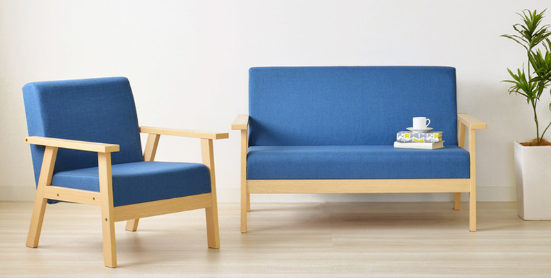 シンプルなブルーの2人掛けソファKABU（完売）